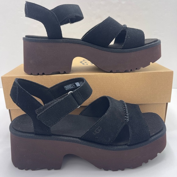 UGG Shoes - UGG WMNS10 Lug Sole NEW HEIGHTS Suede ANKLE STRAP Platform Heeled Sandals 
Black